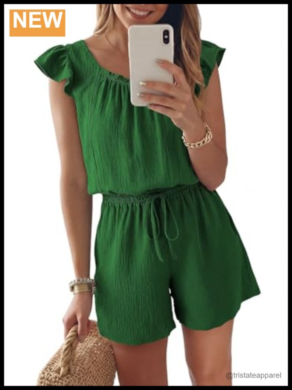 Womens Textured Romper Ruffle Sleeve Square Neck Drawstring Jumpsuit